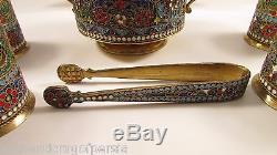 Antique Cloisonne Persian Enamel Silver Tea Set Gilt Cup Bowl Tray Spoon & tongs