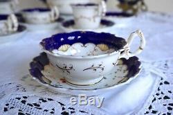 Antique Cobalt Blue & Gold Tea Cup and Saucer Set Hand Painted Floral Plates