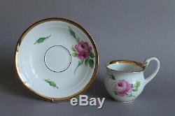 Antique Coffee Tea Cup Saucer Plate Set 1st Meissen Red Pink Rose 19thC