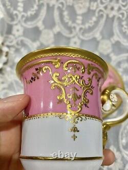 Antique Copeland Spode Tall Tea Cup Saucer Set Raised Gold Enamel HP Pink