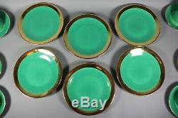 Antique French ART Deco Green Gold LIMOGES Porcelain Tea Cup Set with Plates 1930s