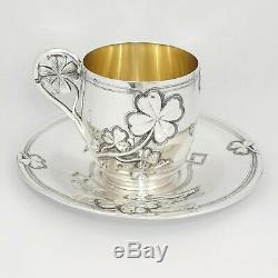 Antique French Sterling Silver Coffee Tea Cup & Saucer Set, Shamrock Clover