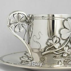 Antique French Sterling Silver Coffee Tea Cup & Saucer Set, Shamrock Clover