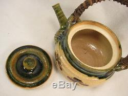 Antique Japanese Signed Ceramic Tea Pot & 5 Tea Cup Set Oribe Ware With Box