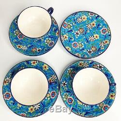 Antique LONGWY FRANCE Tea Cups & Saucers Plates Set Enameled Pottery