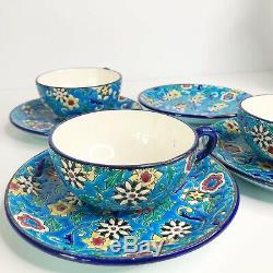 Antique LONGWY FRANCE Tea Cups & Saucers Plates Set Enameled Pottery