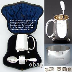 Antique Mappin & Webb Sterling Silver 3pc Coffee or Tea Set, Cup +, Leather Box
