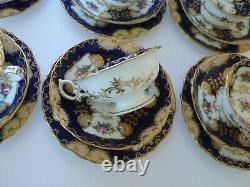 Antique Mintons Cobalt Blue Floral Tea Cups & Saucers Dessert Plates Trio Set
