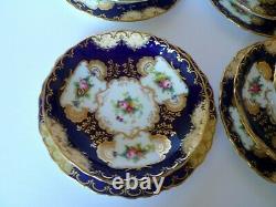 Antique Mintons Cobalt Blue Floral Tea Cups & Saucers Dessert Plates Trio Set