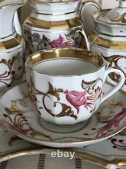 Antique OLD PARIS Gold PINK Flower Teapot Cream Sugar Tea Set Tray Teacup Saucer