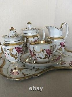 Antique OLD PARIS Gold PINK Flower Teapot Cream Sugar Tea Set Tray Teacup Saucer