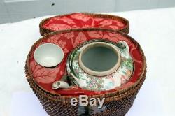 Antique Rose Medallion Tea Pot with cup Set in a Basket