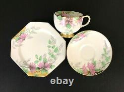 Antique Star Paragon Art Deco Pink Poinsettia Tea Cup Saucer Trio Set Gold Trim