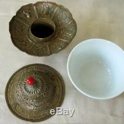 Antique Tibet Tea Cup Set Brass With 8 Chinese Scholar Symbols China