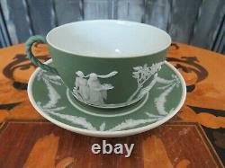 Antique Wedgwood Green Jasperware Glazed Tea Cup Saucer Set Sacrifice Figures