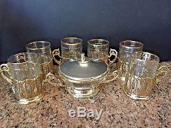 Arcoroc France Persian Tea Cup Set Glass And Sugar Bowl Gold & Silver Plated