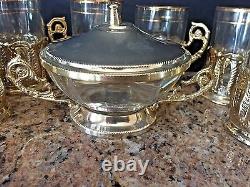Arcoroc France Persian Tea Cup Set Glass And Sugar Bowl Gold & Silver Plated