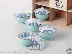 Arita-yaki Porcelain Grape 5 Yunomi tea cups & lids Set w Wooden Box Japan