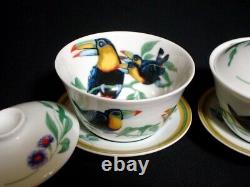 Authentic Hermes Toucans 2 Set Asian Tea Cup and Saucer and lid
