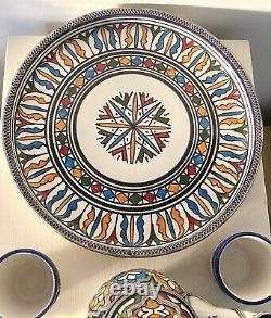 Authentic Moroccan Fez Tea Set Hand Made /Painted Tea Pot, Tray, 4 Cups. Silver