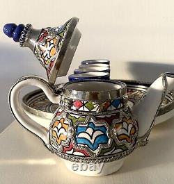 Authentic Moroccan Fez Tea Set Hand Made /Painted Tea Pot, Tray, 4 Cups. Silver