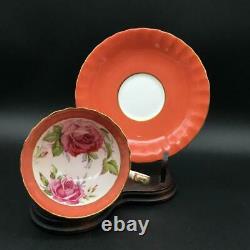 Aynsley Cabbage Rose Rare Rust Orange Fluted Tea Cup & Saucer Set Cs102