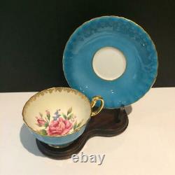 Aynsley Cabbage Rose Teal / Turquoise Tea Cup & Saucer Set Cs2