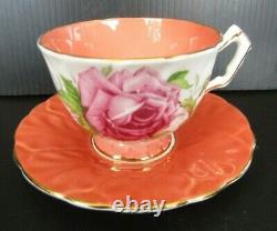 Aynsley Coral Cabbage Rose Teacup and Saucer Set Crocus Vintage RARE