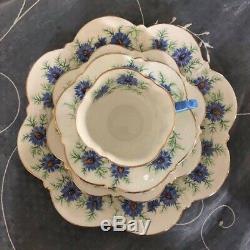 Aynsley Flower Handle Blue Flower Teacup Saucer Plate Cake Plate Quad Set