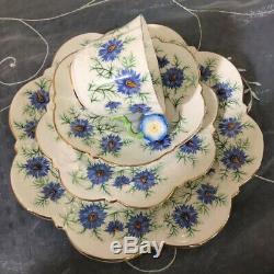Aynsley Flower Handle Blue Flower Teacup Saucer Plate Cake Plate Quad Set