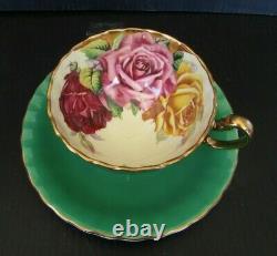 Aynsley Green Triple Cabbage Rose Teacup and Saucer Set Vintage Roses England
