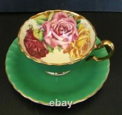 Aynsley Green Triple Cabbage Rose Teacup and Saucer Set Vintage Roses England