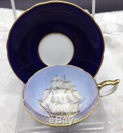 Aynsley Hand Painted Ship Clipper Cobalt Blue Gold Cup Saucer Teacup Set