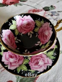 Aynsley Large Pink Cabbage Roses on Black China Tea Cup & Saucer Set