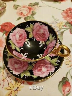 Aynsley Large Pink Cabbage Roses on Black China Tea Cup & Saucer Set