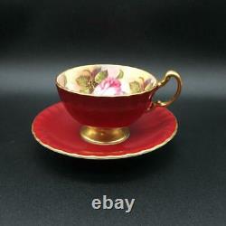 Aynsley Lg Pink Cabbage Rose Flowers Full Design Red Tea Cup & Saucer Set Cs82