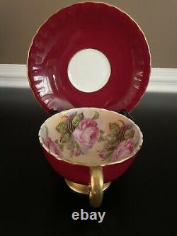 Aynsley Lg Pink Cabbage Rose Flowers Full Design Red Tea Cup & Saucer Set Cs82