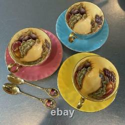 Aynsley Orchard Gold teacup & saucer cup 3 set Fine Bone China ENGLAND 2 spoons