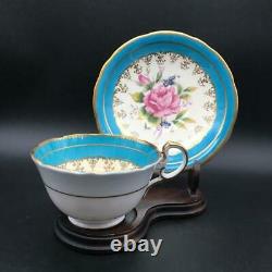 Aynsley Pink Cabbage Rose On Blue Tea Cup & Saucer Set With Gold Filigree Cs100