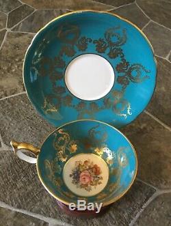 Aynsley Teacup Saucer Set Blue Turquoise Teal Gold Floral Flowers Set