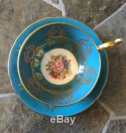 Aynsley Teacup Saucer Set Blue Turquoise Teal Gold Floral Flowers Set