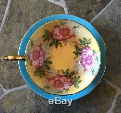 Aynsley Teacup Saucer Set Teal Turquoise Blue Cabbage Flowers Gold