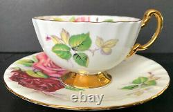Aynsley Three 3 Large Pink Red Yellow Cabbage Roses Tea Cup And Saucer Set