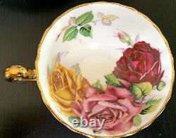 Aynsley Three 3 Large Pink Red Yellow Cabbage Roses Tea Cup And Saucer Set