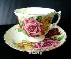 Aynsley Triple Cabbage Rose Teacup and Saucer Set Red Yellow Roses Tea Cup RARE