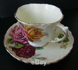 Aynsley Triple Cabbage Rose Teacup and Saucer Set Red Yellow Roses Tea Cup RARE