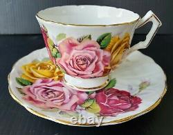 Aynsley Triple Cabbage Roses Teacup and Saucer Set Vintage England Huge Rose