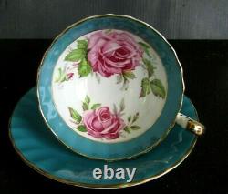 Aynsley Turquoise Cabbage Rose Teacup and Saucer Set Vintage Roses England