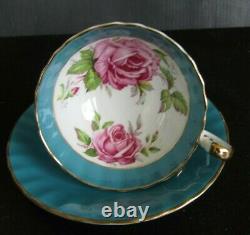 Aynsley Turquoise Cabbage Rose Teacup and Saucer Set Vintage Roses England