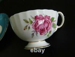 Aynsley Turquoise Cabbage Rose Teacup and Saucer Set Vintage Roses England RARE